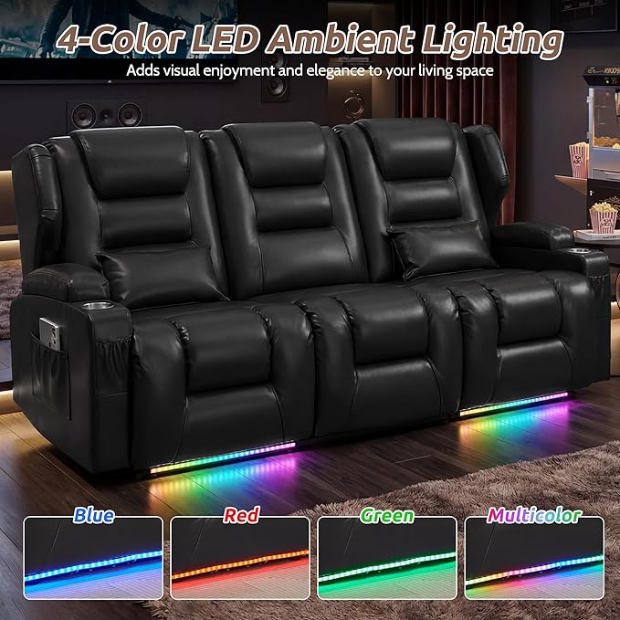 SAMERY Power Loveseat Recliner Sofa, Wall Hugger Reclining Loveseat Sofa, Movie Home Theater Seating with Flip-Backrest, Solid Wood Top, Ambient LED Lights, USB-C, Outlets, Faux Leather, Black | Extra Wide Seat