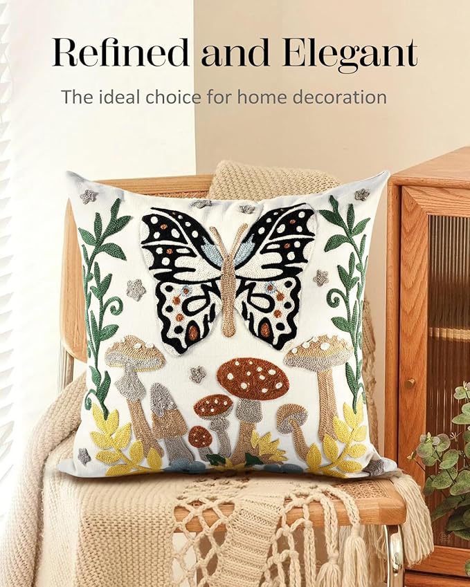 Embroidered Throw Pillow Cover - 18x18 Decorative Pillow Cover with Zipper Aesthetic Cute Design Boho Spring Summer Throw Pillowcase for Living Room Couch Sofa Bed, Butterfly Moon