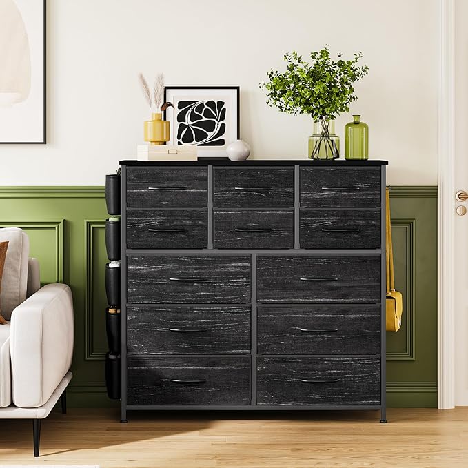 GarveeHome Black 12 Drawer Dresser for Bedroom, Fabric Dressers & Chests of Drawers with Side Pockets, Chest of Drawers for Closet, Living Room, Closet, Hallway