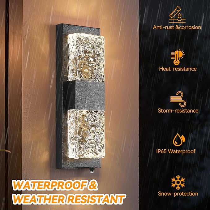 Dusk to Dawn Outdoor Lighting Fixture Wall Mounted - 14.2'' IP65 Waterproof Wall Sconce with 12W LED Crystal Modern Outside Wall Lamp for Hallway Doorway Porch Patio Backyard, Black, 1PCS