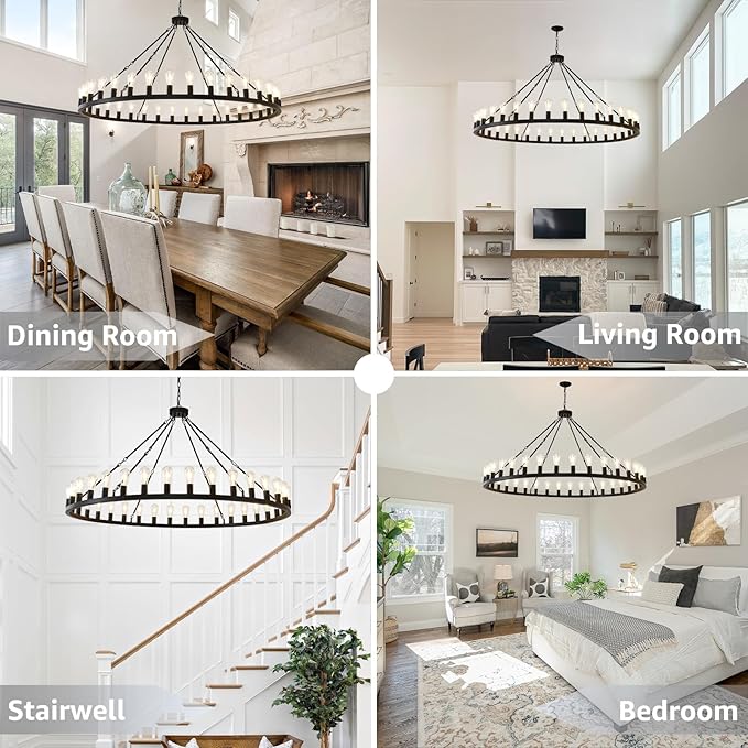 NILSE 64" Extra Large Black Farmhouse Chandelier, 36-Light Modern Wagon Wheel Chandelier for Foyer, Round Rustic Hanging Lighting for Living Room Dining Room Foyer Entryway, E26