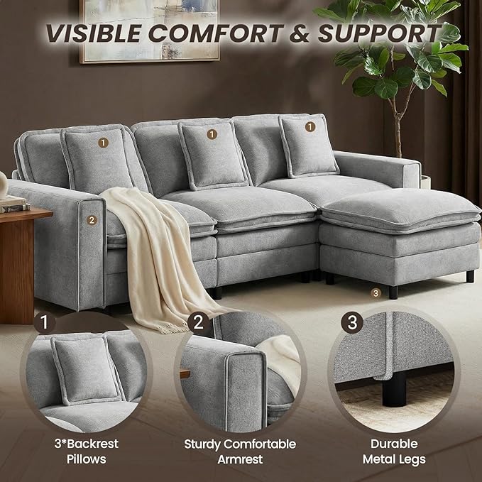 MALOL Modular Sectional Sofa 107", Comfy Cloud Couch with Ottoman, Deep 4-Seat L Shaped Modular Sofa, Couches with Throw Pillows for Living Room, Light Grey