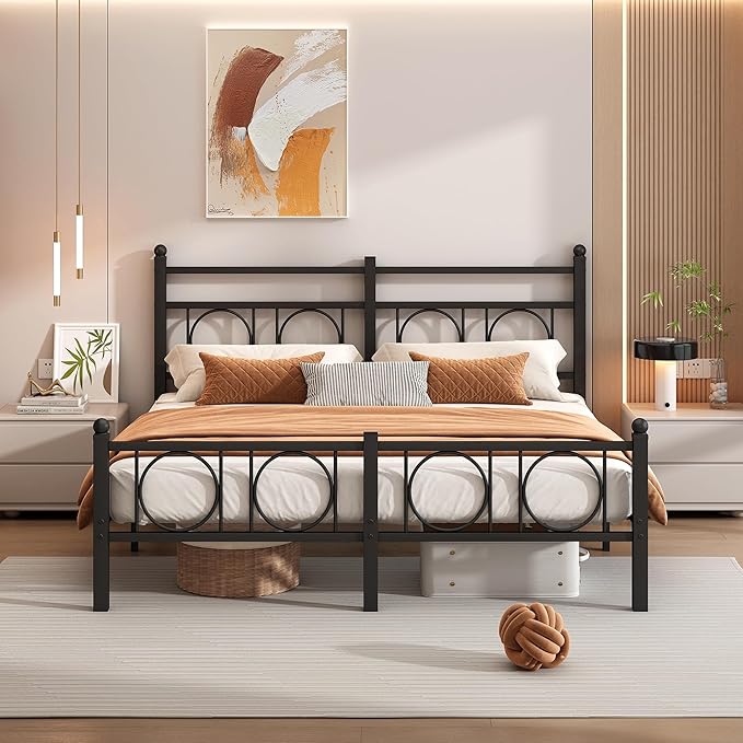 Queen Size Bed Frame Classic Metal Platform Bed Frame Mattress Foundation with Victorian Style Iron-Art Headboard/Footboard/Storage Space/No Box Spring Needed/Black
