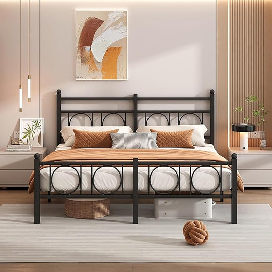 Queen Size Bed Frame Classic Metal Platform Bed Frame Mattress Foundation with Victorian Style Iron-Art Headboard/Footboard/Storage Space/No Box Spring Needed/Black