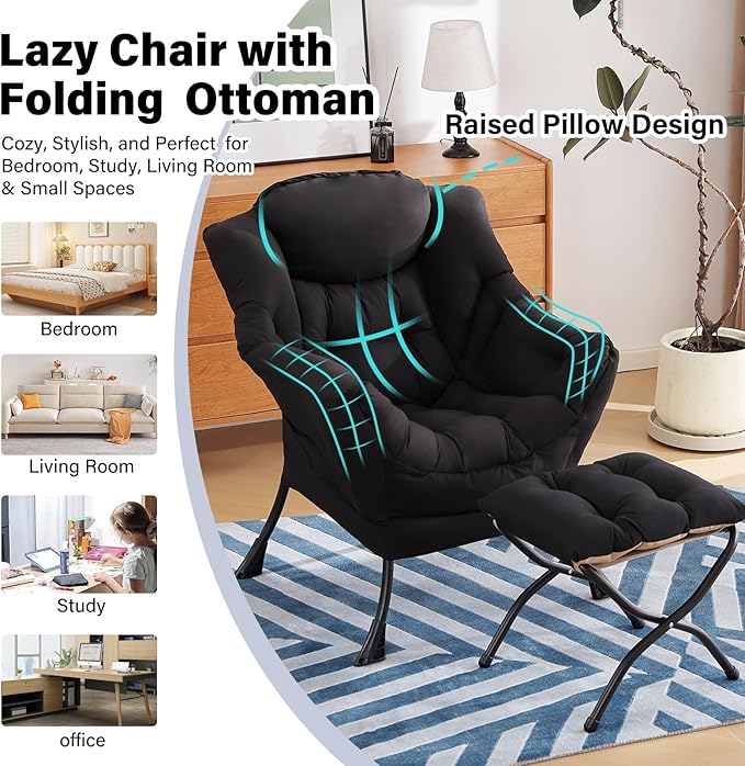 Lazy Chair with Ottoman, Modern Chair with Folding Footrest, Black Accent Chair, Comfortable Reading Chair, Oversized Armchairs for Bedroom, Study, Living Room, Courtyard