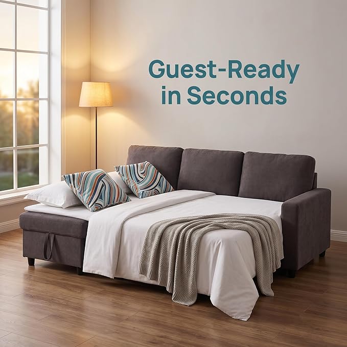 Pull Out Couch, L Shaped Sectional Couch with Pull Out Bed, Convertible Sofa Bed with Storage Chaise, Queen Size Sleeper Sofa, Sofa Bed Couch, Sleeper Sofa with Storage, Dark Brown