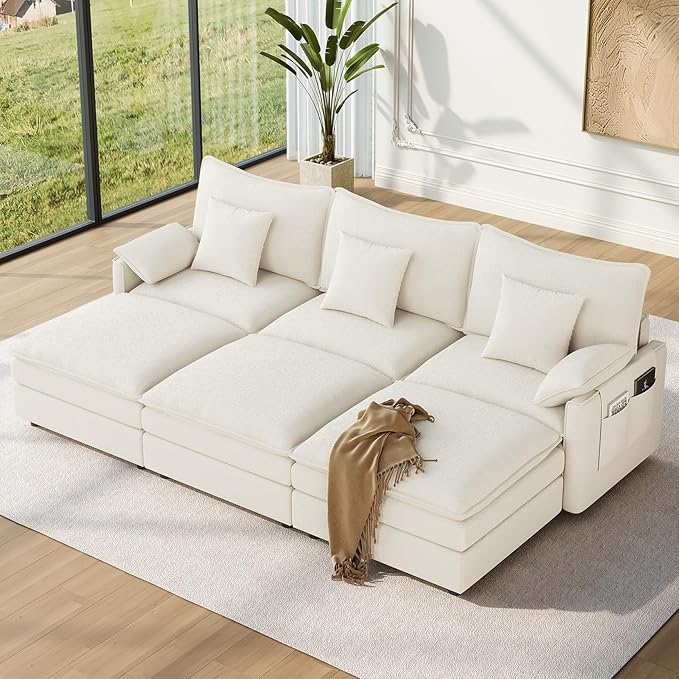 Vesgantti 108" Sectional Sleeper Sofa, 6-Seater Oversized Modular Cloud Couch with Movable Ottoman, Chenille Large Sofa Bed Convertible Deep Seat Couches for Living Room, Bedroom and Apartment, White | Sink-in Comfort, Height Adjustable, Easy Rearrange...