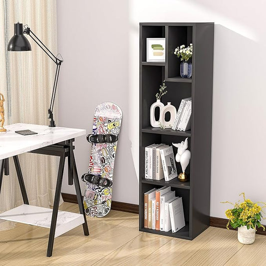 VECELO 4-Tier Slim Bookcase, Modern Storage Cabinet, Slim Bookshelf, Fits Tallest Hardcover, 5 Cubes, Vertical or Horizontal, Easy Assembly, Vintage Black