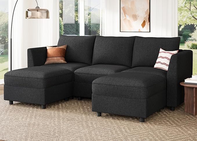 HONBAY Modular Sectional Sofa with Storage U Shaped Sectional Sofa, Convertible Couches for Living Room - Linen Grey