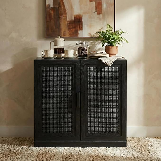 Casaphoria Adam Sideboard Buffet Cabinet with Storage, Sideboard Cabinet with Rattan Doors & Adjustable Shelves, 31" W x 31" H Coffee Bar for Entryway Kitchen Living Room, Black