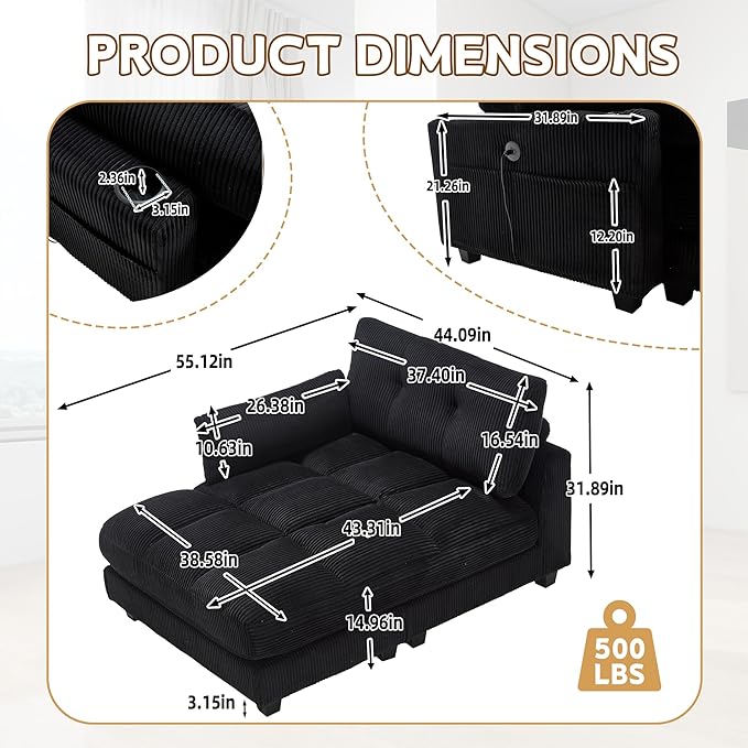 Oversized Lounge Chaise Convertible Sleeper Sofabed, Corduroy Sleeper Daybed Indoor Recliner Chair Sofa Bed with Cupholders and Adjustable Headrests for Living Room Bedroom Reading Home Apartment