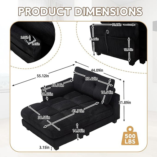 Oversized Lounge Chaise Convertible Sleeper Sofabed, Corduroy Sleeper Daybed Indoor Recliner Chair Sofa Bed with Cupholders and Adjustable Headrests for Living Room Bedroom Reading Home Apartment