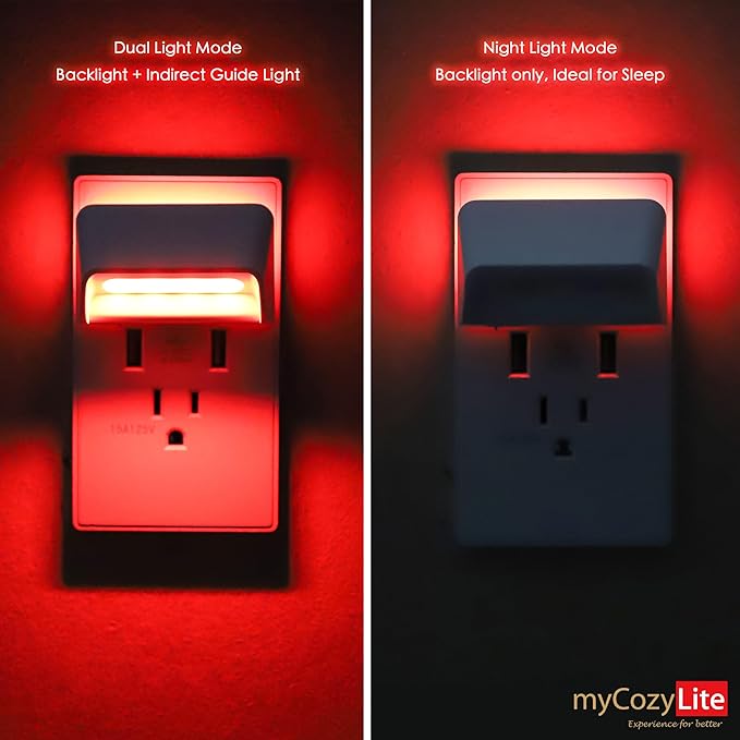 Red LED Night Light, Dusk to Dawn Sensor, Dual Lighting Mode, Guide Light, and Sleep Light, Switch ON OFF, Night Light Plug into Wall for Bedroom, Bathroom, Kitchen, Hallway, Stairway, 2 Pack