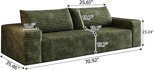 JINGLING 71" Small Couches for Small Spaces, Memory Foam Loveseat Corduroy Couch in a Box, Compressed Boneless Sofa for Living Room Bedroom, Apartment Furniture, No Assembly Required, Green