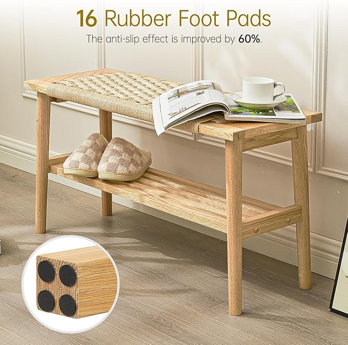 Solid Wood Narrow Bench with Storage, 33.46" Woven Bench for Entryway and Hallway, End of Bed Bench with Oak Frame, Boho Accent Bench (Natural White)