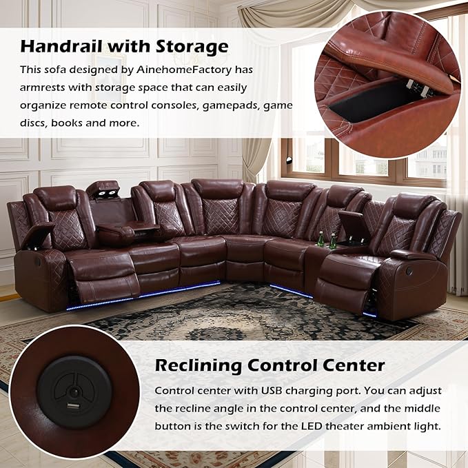 Power Reclinier Sectional Sofa Set,Brown Red Leather Reclining Sectional Modular Couch Set,L Shaped Leather Couch with LED Light for Living Room/House/Apartment/Lounge(L+3 Seats Sofa)