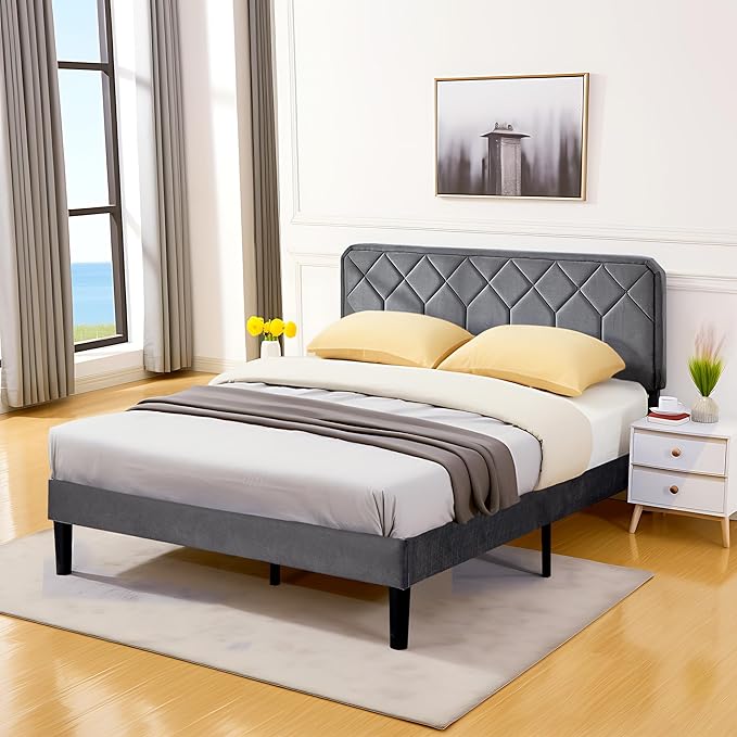 VECELO Queen Size Bed Frame, Velvet Upholstered Platform with Adjustable Headboard, Mattress Foundation with Solid Wood Slats, No Box Spring Needed, Easy Assembly