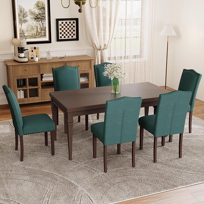 Dining Chairs Set of 6, Upholstered Soft Comfortable Parsons Chairs with High-Density Cushion, Solid Wood Legs & Nailhead Details for Dining Room, Kitchen, Living Room – Green