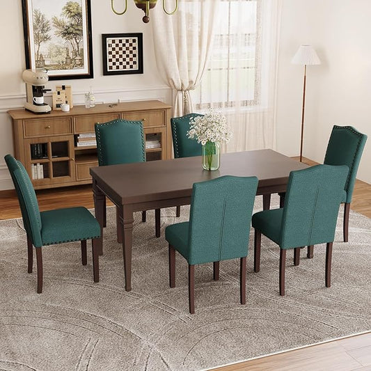 Dining Chairs Set of 6, Upholstered Soft Comfortable Parsons Chairs with High-Density Cushion, Solid Wood Legs & Nailhead Details for Dining Room, Kitchen, Living Room – Green