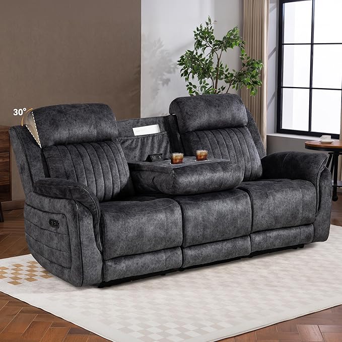 Zero Gravity Power Recliner Sofa Couch – Electric Reclining Sofa with Drop Down Table & Wireless Charging, 3 Seater Dual Reclining Couch with Adjustable Headrests for Living Room (Velvet, Grey)