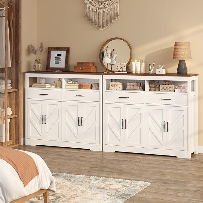 Buffet Sideboard with Storage Farmhouse with 4 Doors, 47'' Large Kitchen Storage Cabinet Wood Coffee Bar Cabinet Buffet Table with Shelves for Kitchen, Dining Room, Entryway