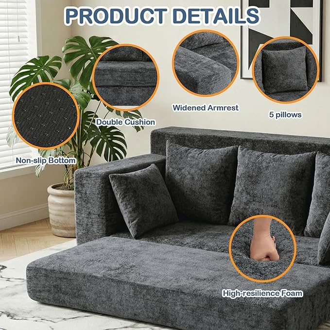 Boneless Couches 70", 3 Seater Boneless Couch with Pull Out Sofa Bed, Gray Boneless Couch with 5 Pillows, Plush Velvet Sofa for Living Room & Bedroom