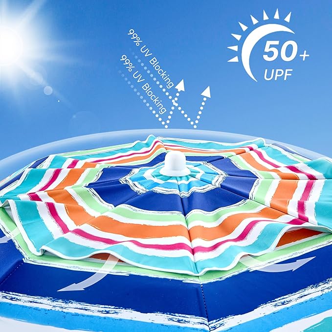 beach umbrella with sand anchor,UPF 50+protection,8 ribs, beach umbrellas for sand portable,with button tilt - multifunctional outdoor sunshade for gardens,courtyards,and beaches.
