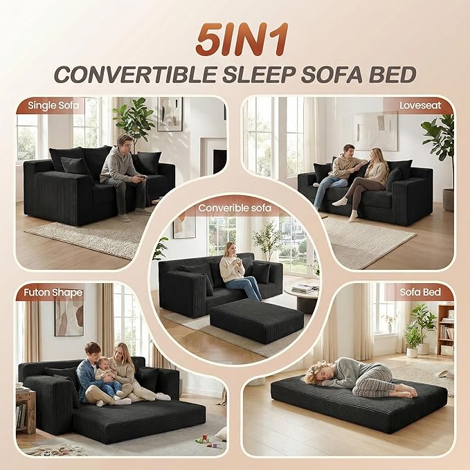 Convertible Sofa Bed, 5 in 1 Small Boneless Couch Pull Out Loveseat Sleeper Sofa,Corduroy Futon Couch Folding Mattress with 4 Pillows for Living Room (Black02, 3 Seater)