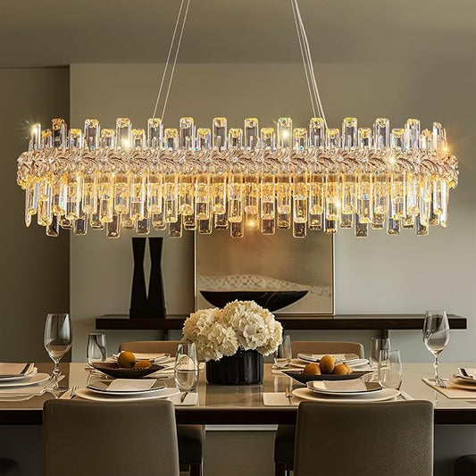 Luxury Crystal Chandeliers for Dining Room,40“ Gold Contemporary K9 Crystal Chandelier,Adjustable Pendant Ceiling Light Fixture with Leaf-Edge for Dining Living Room Foyer Entryway