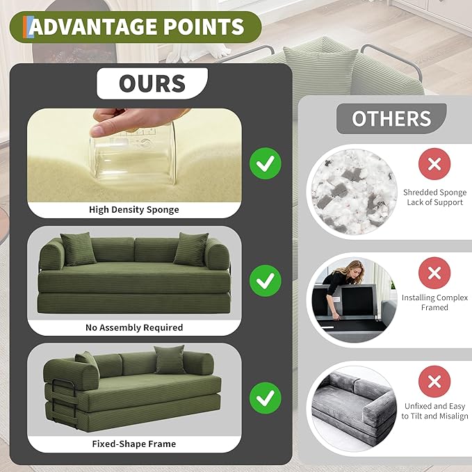 GarveeHome 79" Convertible Sleeper Sofa Bed Couch, 4-in-1 Boneless Corduroy Folding Sofa Bed with Pillow & Fixed-Shape, Floor Mattress Couch Loveseat for Living Room Apartments - No Assembly, Green