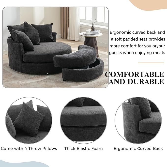 ERYE Oversized Round Accent Barrel Chair with Storage Ottoman and 360 Swivel Base, Modern Chenille Upholstered Leisure Recliner Armchair for Living Room Bedroom
