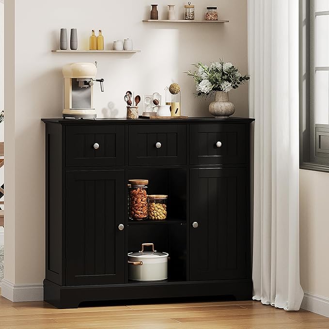 ChooChoo Buffet Cabinet, Coffee Bar with Drawers and Doors, Sideboard Storage with Shelves for Kitchen, Dining Room, Living Room, Black