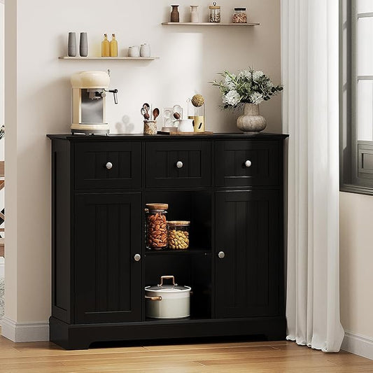 ChooChoo Buffet Cabinet, Coffee Bar with Drawers and Doors, Sideboard Storage with Shelves for Kitchen, Dining Room, Living Room, Black