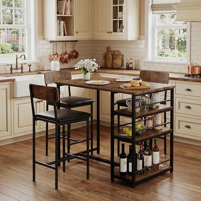 IDEALHOUSE Dining Table Set for 2, Counter Height Kitchen Table and Chairs, Bar Table Set with 2 Upholstered Bar Stools, 3 Piece Dining Room Table Set for Small Space, Apartment, Retro Brown