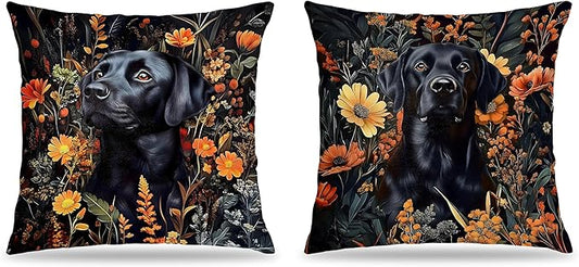 William Morris Inspired-Floral Black Labrador Pillow Covers 18x18 Set of 2, Black Lab Gifts for Women,Cottagecore Botanical Elegant Lab Dog Decorative Pillow Covers for Home Living Room Bedroom
