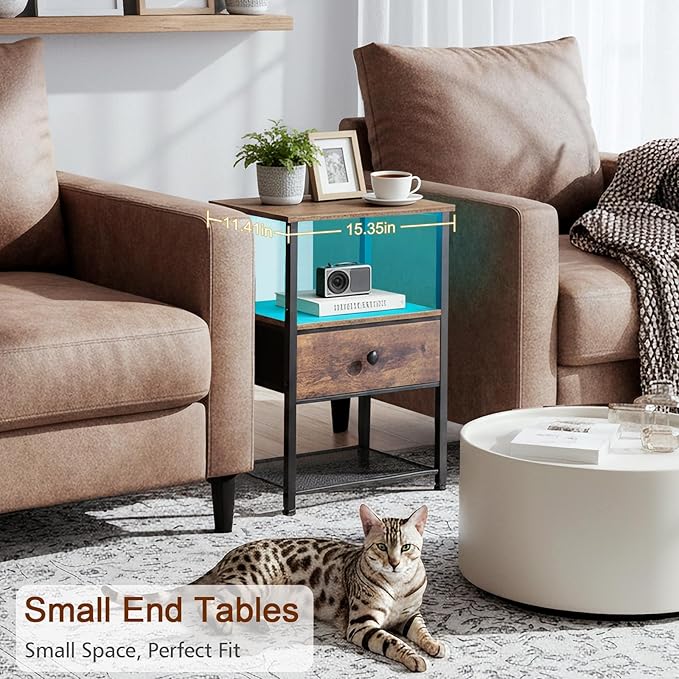 Night Stand Set 2, LED Nightstand with Charging Station, End Tables Living Room with Fabric Drawer for Small Spaces, Bed Side Tables with Storage Shelf for Bedroom, Brown, HETS01PBR