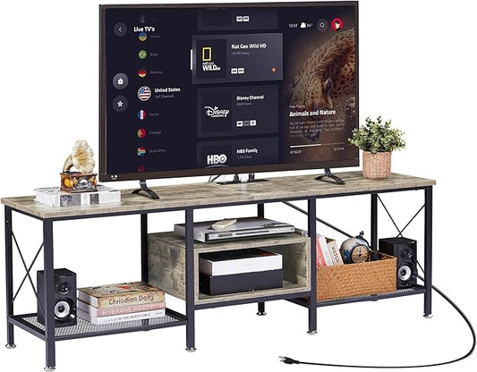 VECELO TV Stand with Power Outlets for 70 Inch Industria Media Entertainment Center with Charging Station, 3-Tier Open Shelves & Metal Frame for Living Room, Bedroom, 63 Inch, Grey