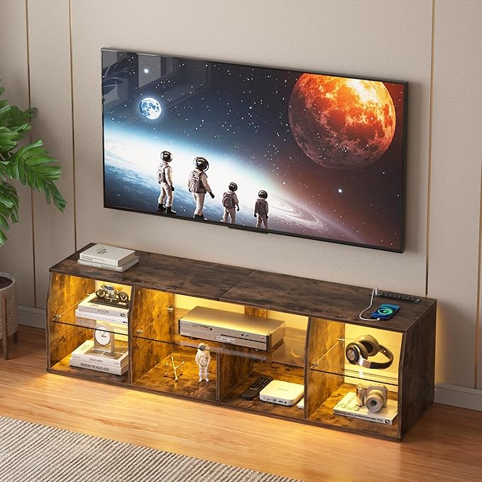 VECELO LED TV Stand for 55 inch, Entertainment Center with Power Outlets, Industrial Television Cabinet with 7 Open Storage Shelves, for Living Room and Bedroom, Retro Brown, 55inch