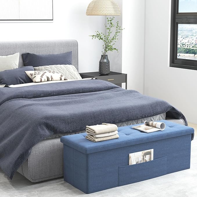 Giantex Storage Ottoman Bench, 43"L Folding Foot Rest Storage Chest with Side Pocket, Divider, Padded Seat Shoe Bench for Living Room Bedroom Hallway Entryway End of Bed (Navy)