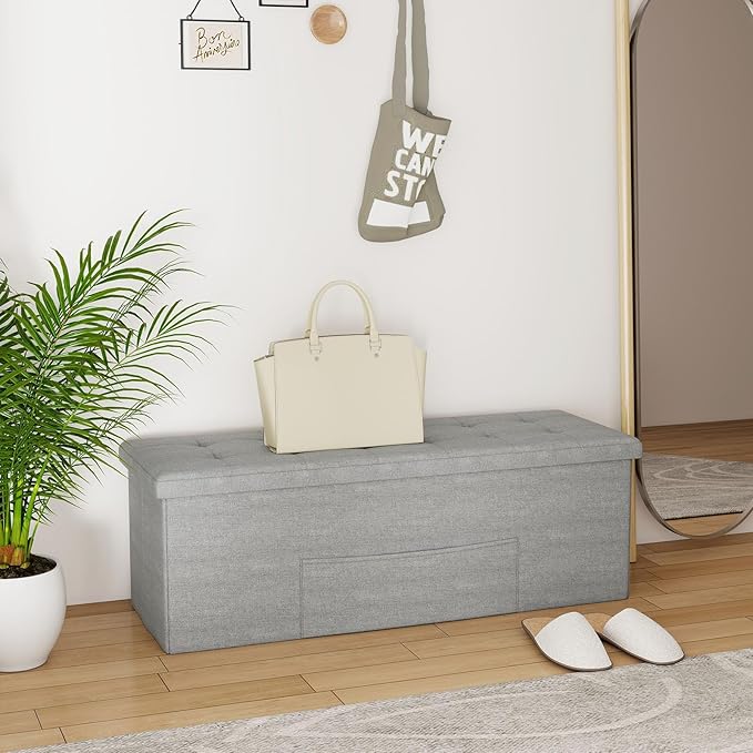 Giantex Storage Ottoman Bench, 43"L Folding Foot Rest Storage Chest with Side Pocket, Divider, Padded Seat Shoe Bench for Living Room Bedroom Hallway Entryway End of Bed (Light Gray)