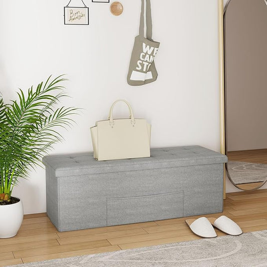 Giantex Storage Ottoman Bench, 43"L Folding Foot Rest Storage Chest with Side Pocket, Divider, Padded Seat Shoe Bench for Living Room Bedroom Hallway Entryway End of Bed (Light Gray)
