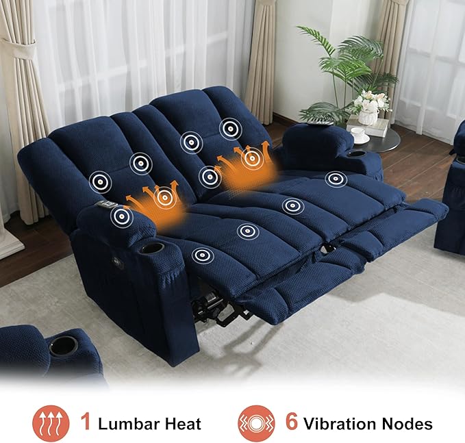 MCombo Zero Gravity Power Loveseat Sofa, Heat and Massage, Reclining Loveseat for Living Room, Fabric 6035SET (Navy Blue, Loveseat)
