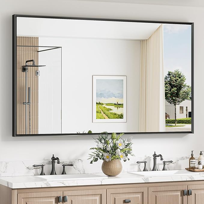 Keonjinn 60 x 36 Inch Black Bathroom Mirrors for Over Sink, Beveled Rectangle Framed Mirrors for Wall, Large Black Bathroom Vanity Mirror, Tempered Glass, Square Corner