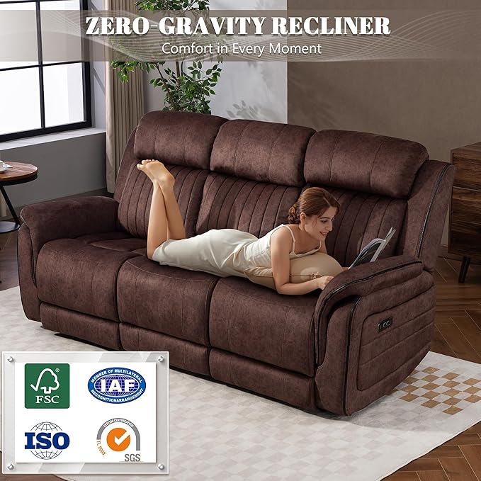 Zero Gravity Power Reclining Sofa Set, 3-Seater Reclining Couch with Drop Down Table + 2-Seater Power Loveseat Recliner with Console, Adjustable Headrests, Living Room Furniture (Velvet, Brown)