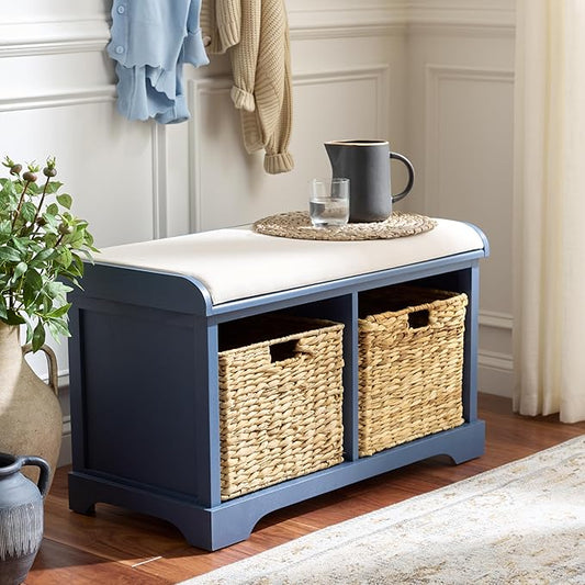 SAFAVIEH Home Collection – Freddy Blue Storage Bench with Seat Cushion, 2 Basket Drawers, Coastal Farmhouse Entryway Design, Fully Assembled (AMH5736K)