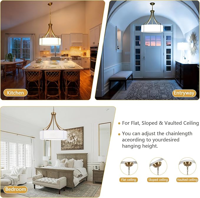 20" Modern Gold Farmhouse Drum Chandeliers for Dining Room, 6-Light Rustic Drum Pendant Light with White Fabric Shade, Hanging Light Fixture for Living Room Bedroom Foyer Kitchen Island Entryway