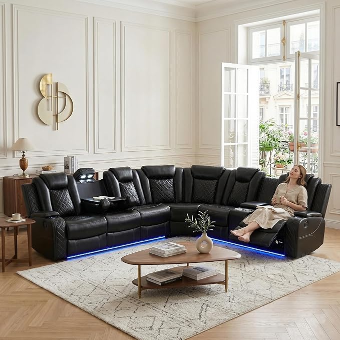 Power Reclining Sectional Sofa, Black Leather Couch with Recliners, Air Leather Sofa Couch with LED Lights/USB Port/Cup Holder for Living Room/Apartment/Office