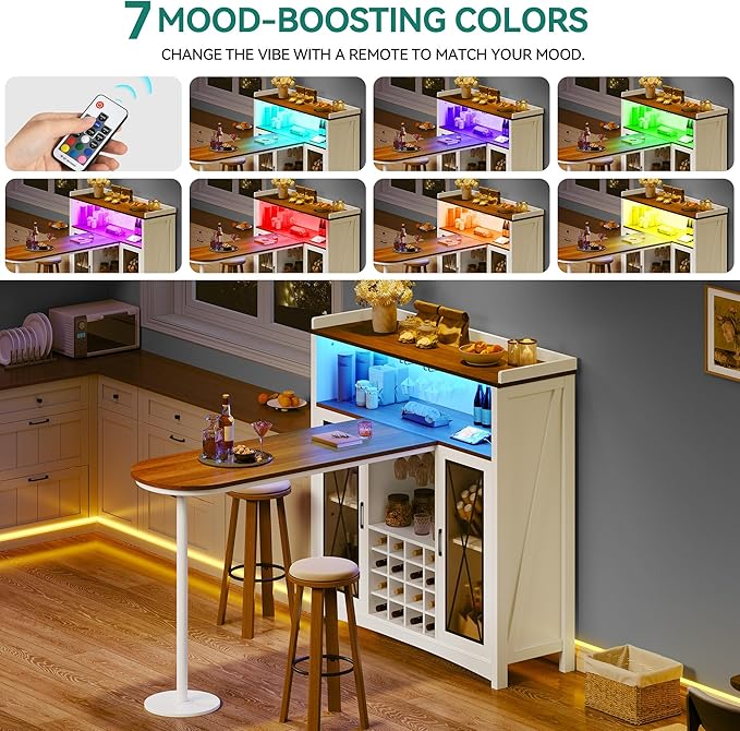 YITAHOME Mini Bar Unit for Home with LED Light & Wine Bar Cabinet, Large Tall Height Bar Table with Wine Rack, Farmhouse Coffee Station with Storage Glasses Hanger for Kitchen Pub, Walnut & White
