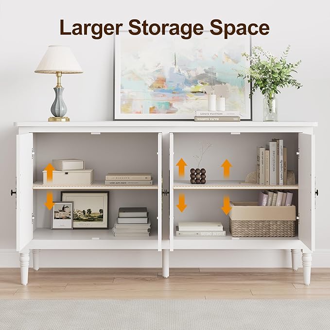 Sideboard with 4 Doors, Mid-Century Console Table with Adjustable Shelves, Accent Cabinet for Entryway, Living Room, Dining Room, White