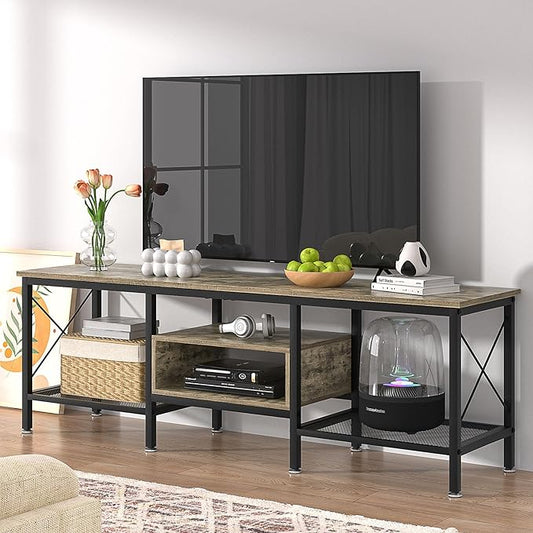 VECELO Industrial TV Stand for 70 Inch Television Cabinet 3-Tier Console with Open Storage Shelves, Entertainment Center Metal Frame for Living Room, Bedroom, 63 Inch, Grey